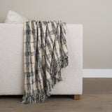Mercana Pendle Cream w/ Woven Black Plaid Pattern Cotton Throw Blanket