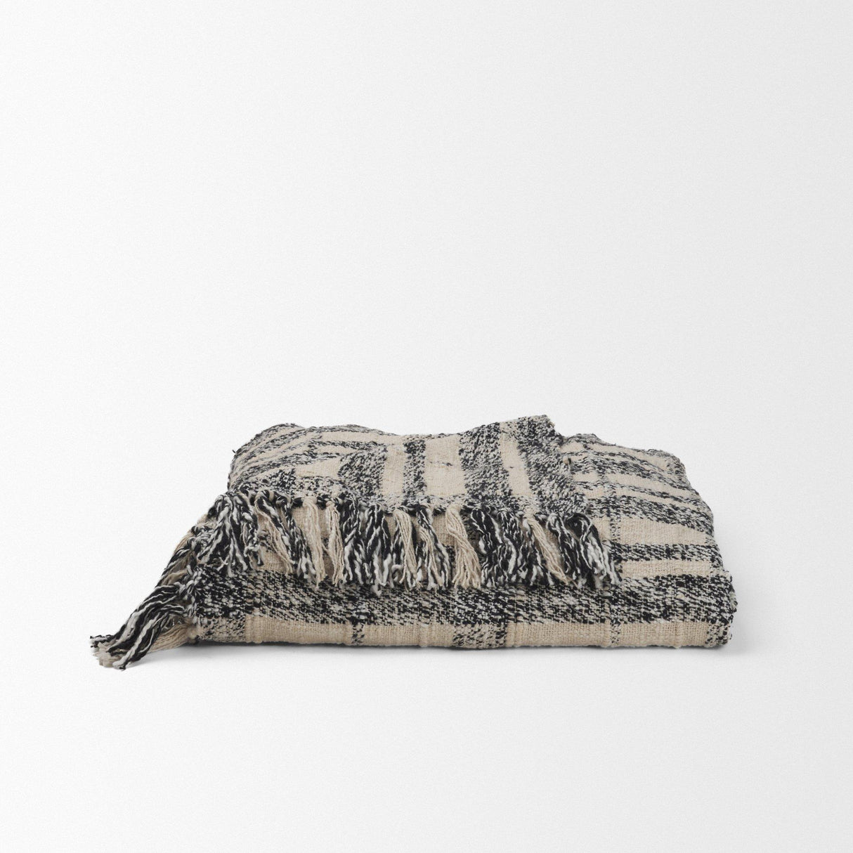 Mercana Pendle Cream w/ Woven Black Plaid Pattern Cotton Throw Blanket
