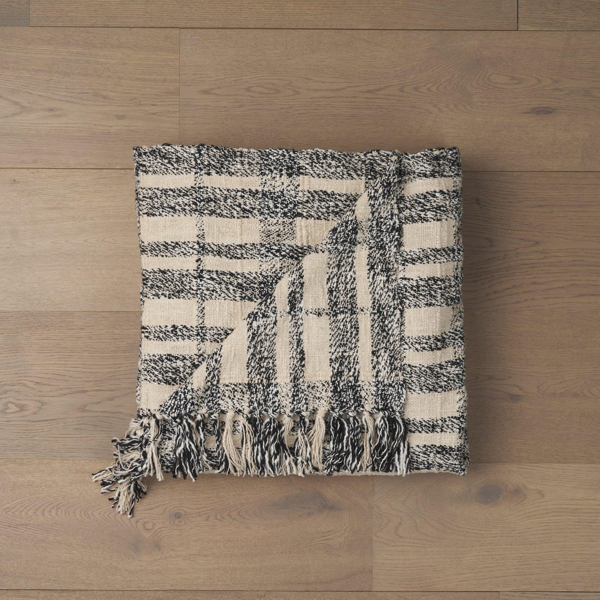 Mercana Pendle Cream w/ Woven Black Plaid Pattern Cotton Throw Blanket