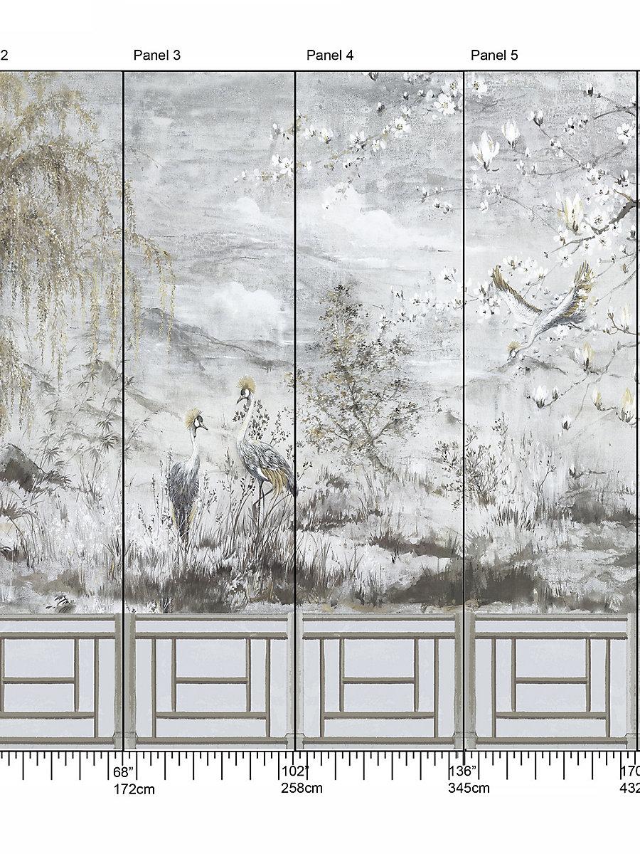 Scalamandre Crested Crane Mural | Panel 1 Silver Gold Wallpaper