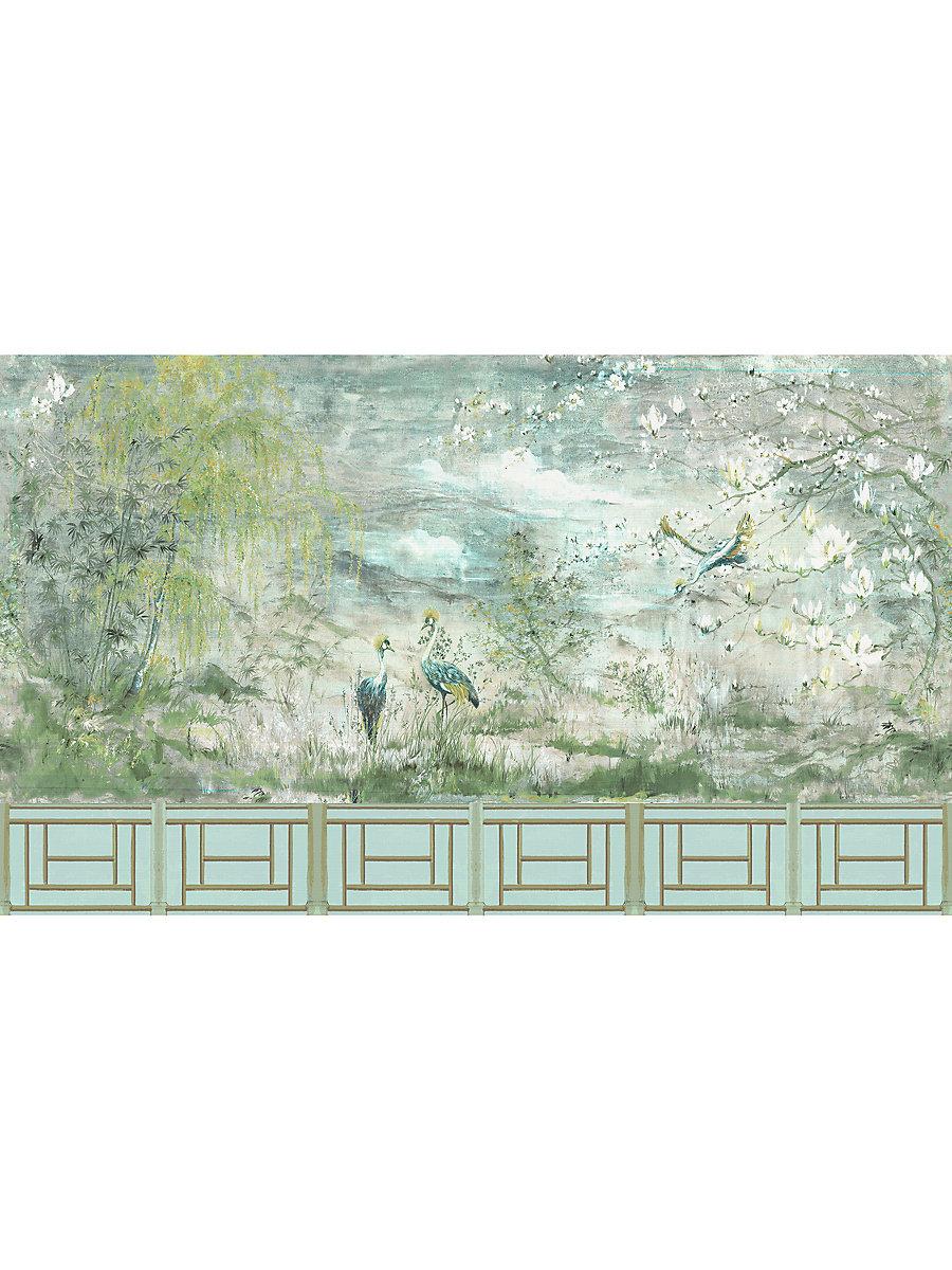 Scalamandre Crested Crane Mural | Panel 2 Green Gold Wallpaper