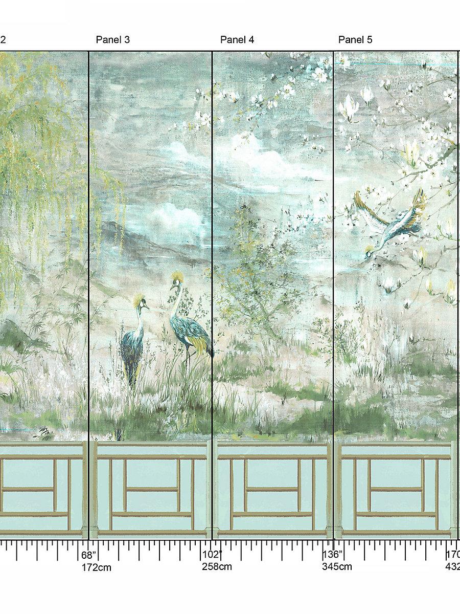 Scalamandre Crested Crane Mural | Panel 2 Green Gold Wallpaper