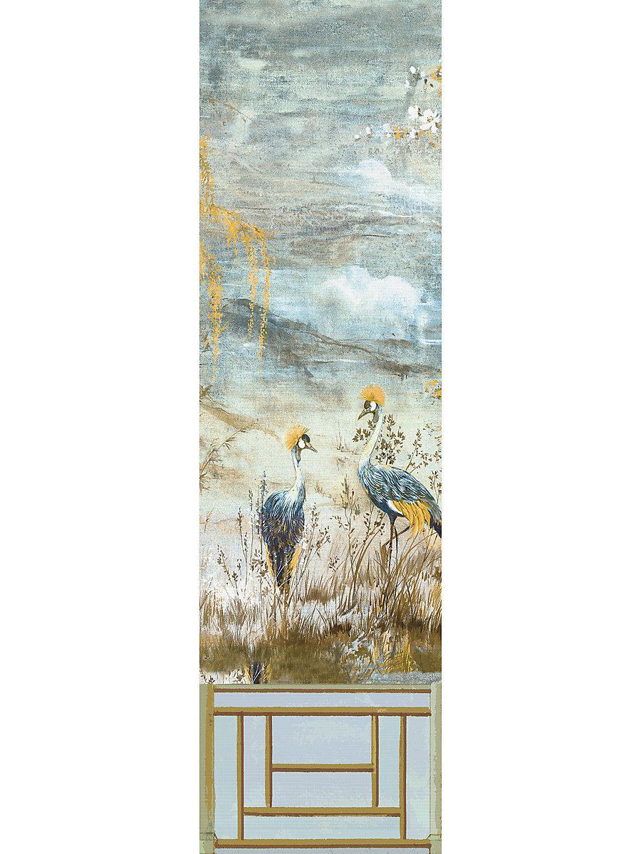 Scalamandre Crested Crane Mural | Panel 3 Wheat Blue Wallpaper