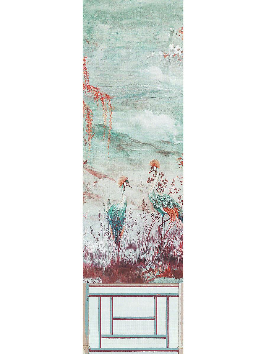 Scalamandre Crested Crane Mural | Panel 3 Turquoise Red Wallpaper