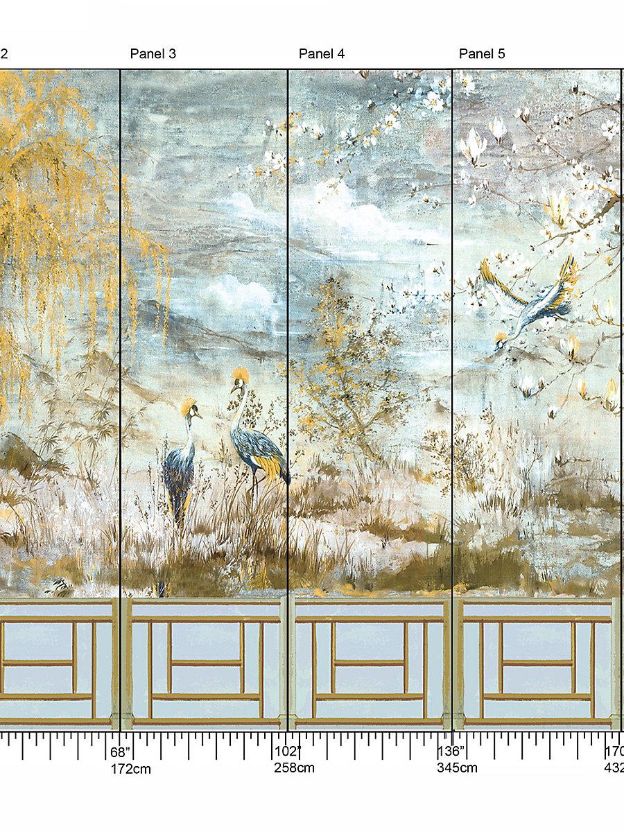 Scalamandre Crested Crane Mural | Panel 4 Wheat Blue Wallpaper