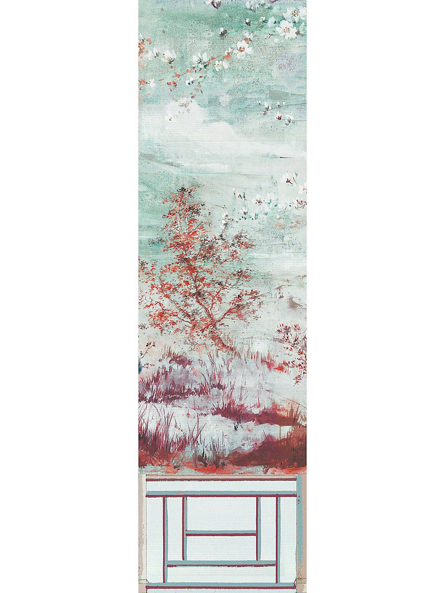 Scalamandre Crested Crane Mural | Panel 4 Turquoise Red Wallpaper
