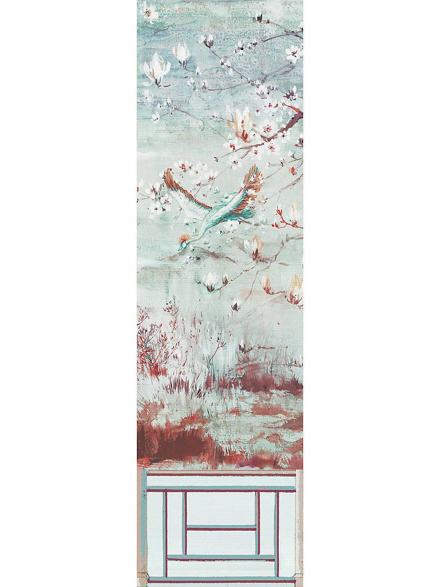 Scalamandre Crested Crane Mural | Panel 5 Turquoise Red Wallpaper