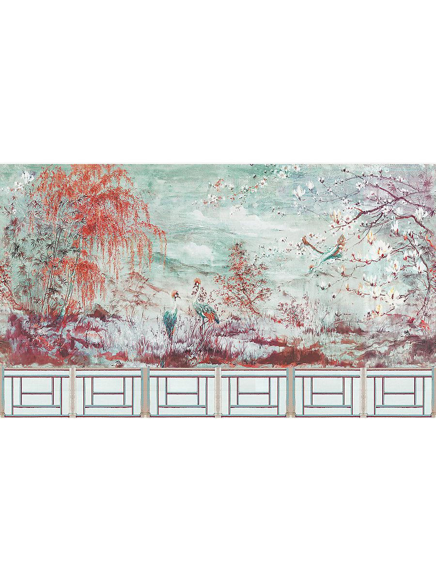Scalamandre Crested Crane Mural | Panel 5 Turquoise Red Wallpaper