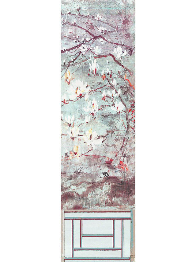 Scalamandre Crested Crane Mural | Panel 6 Turquoise Red Wallpaper