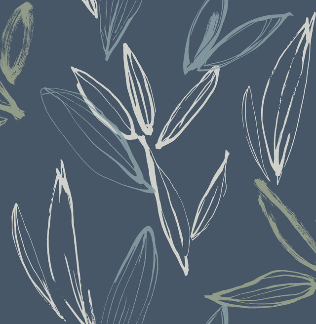 A-Street Prints Kenia Indigo Leaf Toss Wallpaper