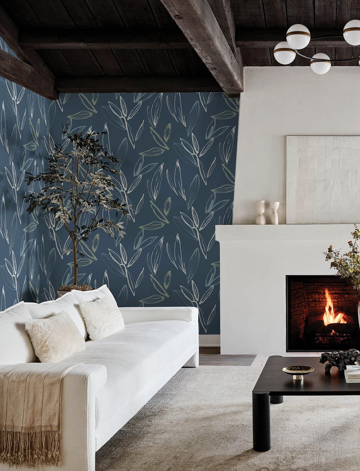 A-Street Prints Kenia Indigo Leaf Toss Wallpaper