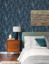 A-Street Prints Kenia Indigo Leaf Toss Wallpaper
