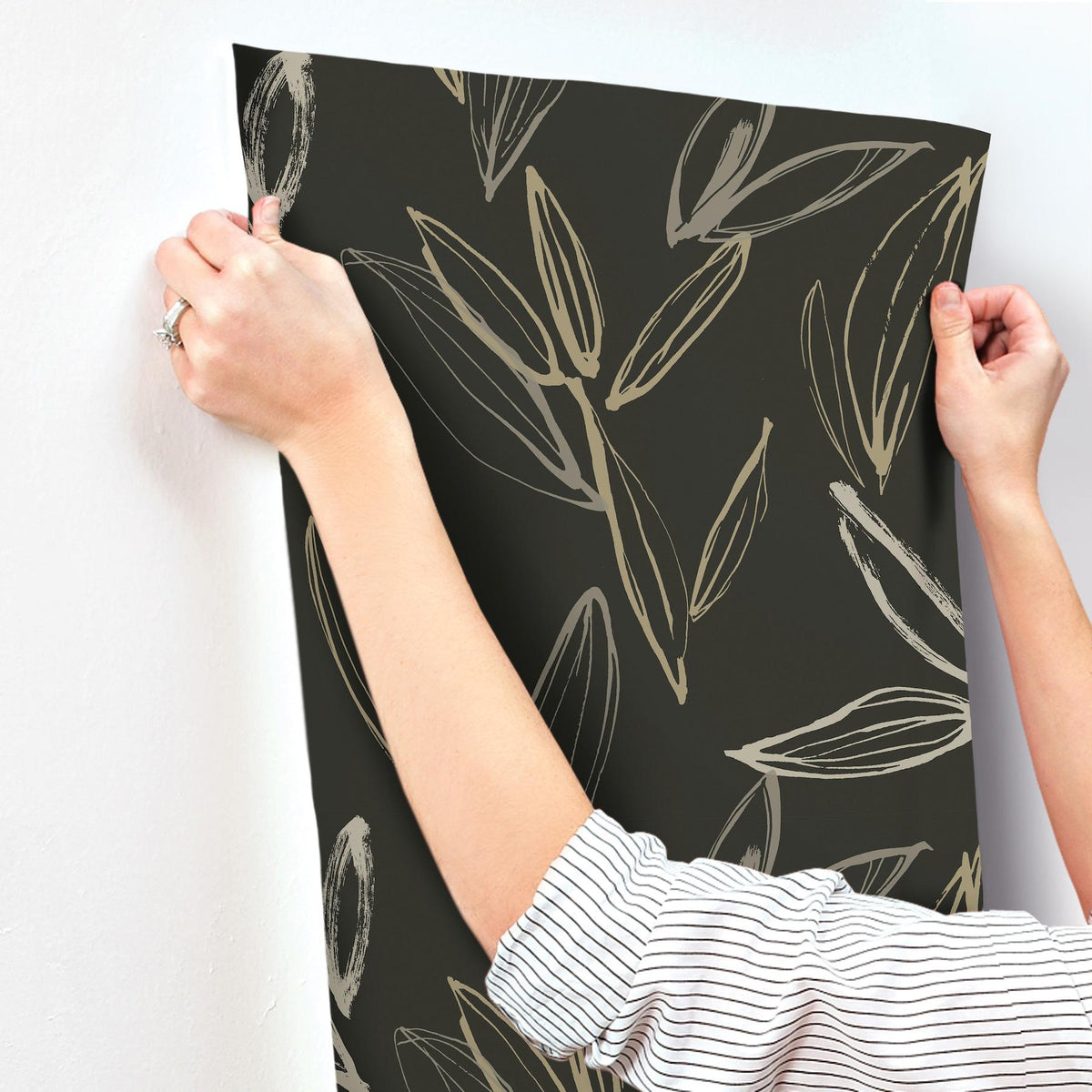 A-Street Prints Kenia Black Leaf Toss Wallpaper