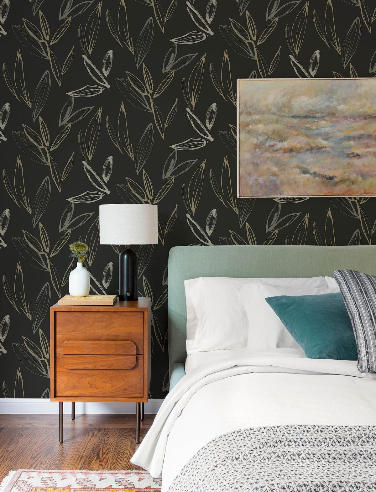 A-Street Prints Kenia Black Leaf Toss Wallpaper