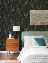 A-Street Prints Kenia Black Leaf Toss Wallpaper