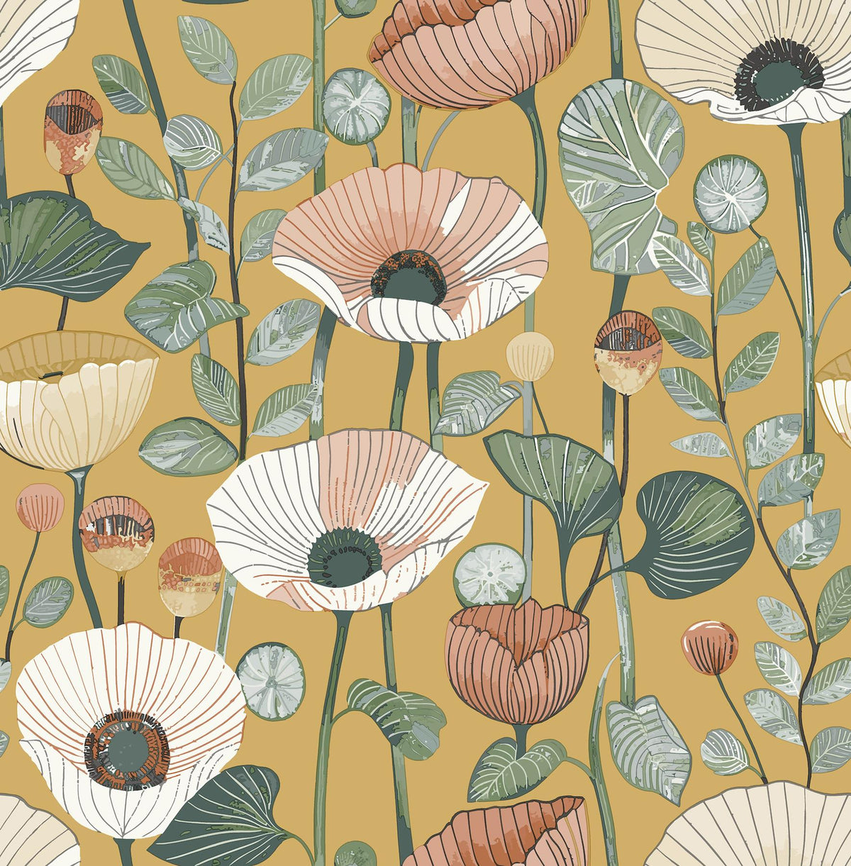 A-Street Prints Mindra Mustard Floral Trail Wallpaper