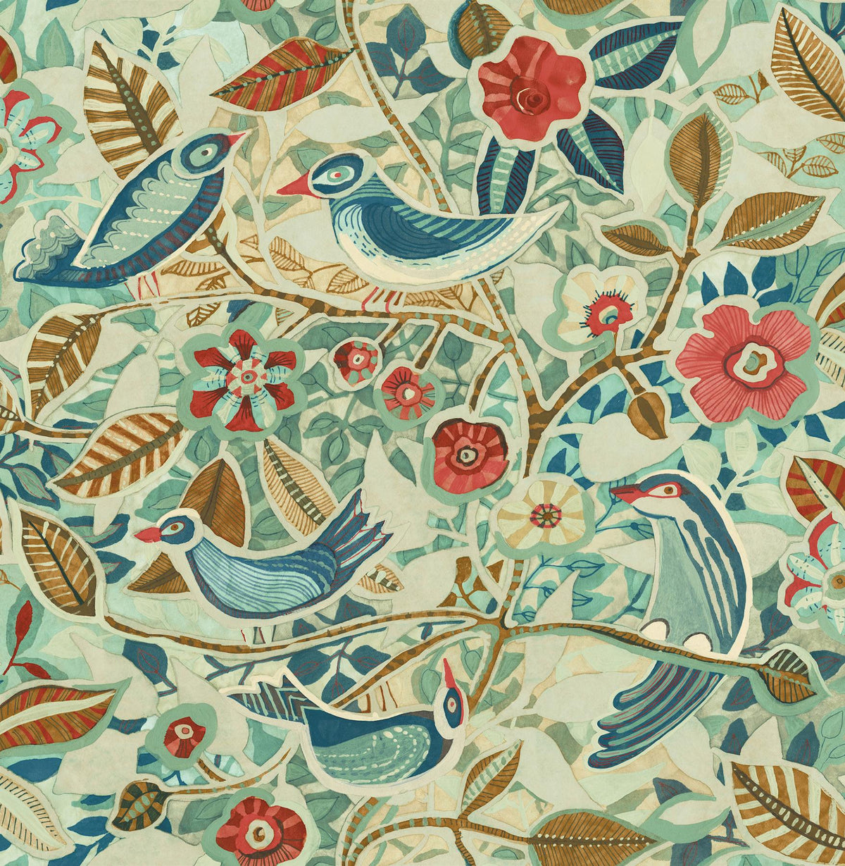 A-Street Prints Manette Turquoise Birds in the Bush Wallpaper