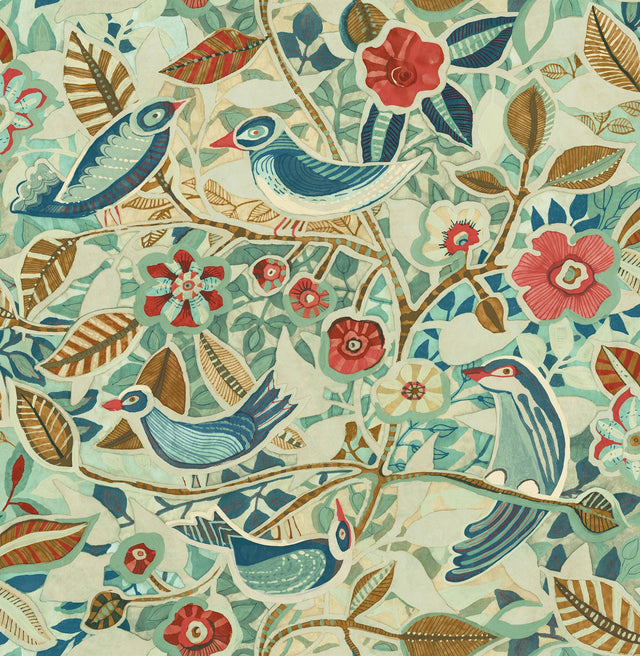 A-Street Prints Manette Turquoise Birds in the Bush Wallpaper