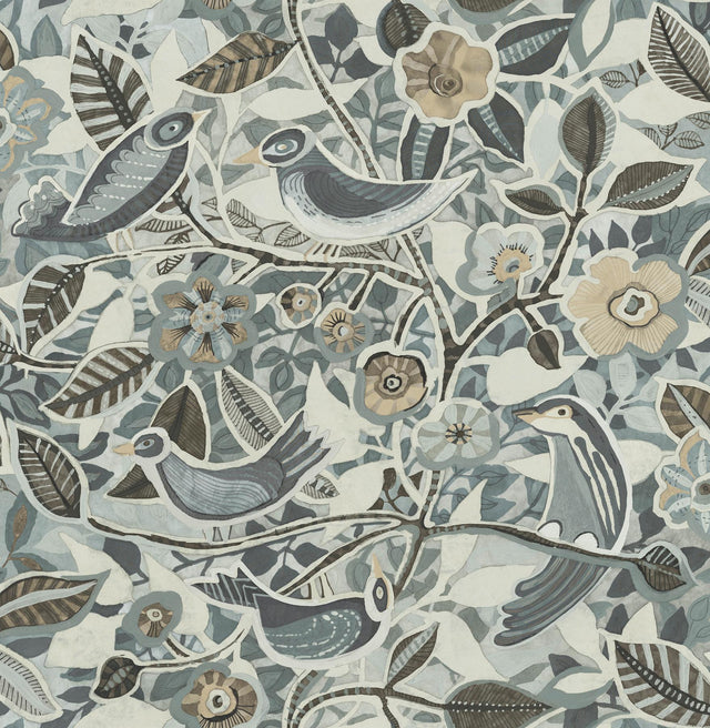 A-Street Prints Manette Slate Birds in the Bush Wallpaper