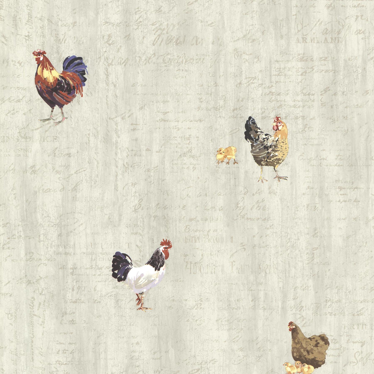 York Lisle Grey Roosters & Script Wallpaper
