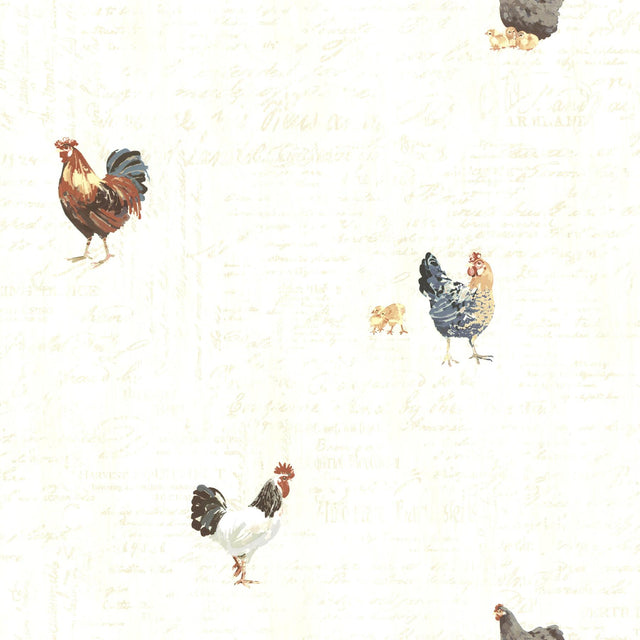 York Lisle Cream Roosters & Script Wallpaper