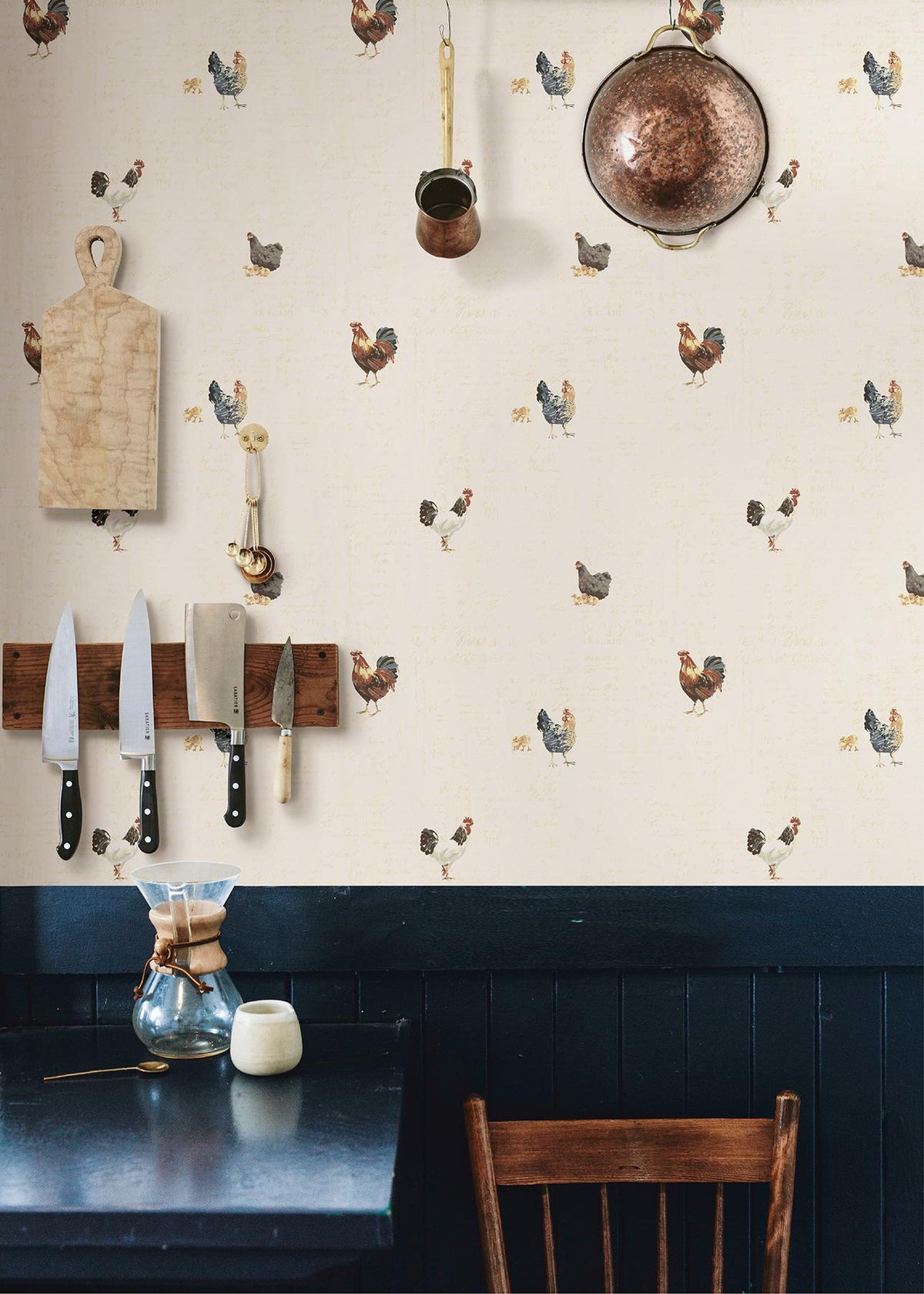 York Lisle Cream Roosters & Script Wallpaper