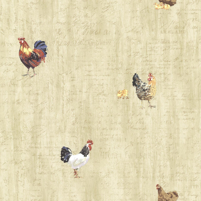 York Lisle Wheat Roosters & Script Wallpaper