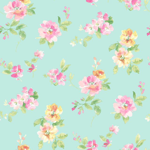 York Captiva Aqua Floral Toss Wallpaper