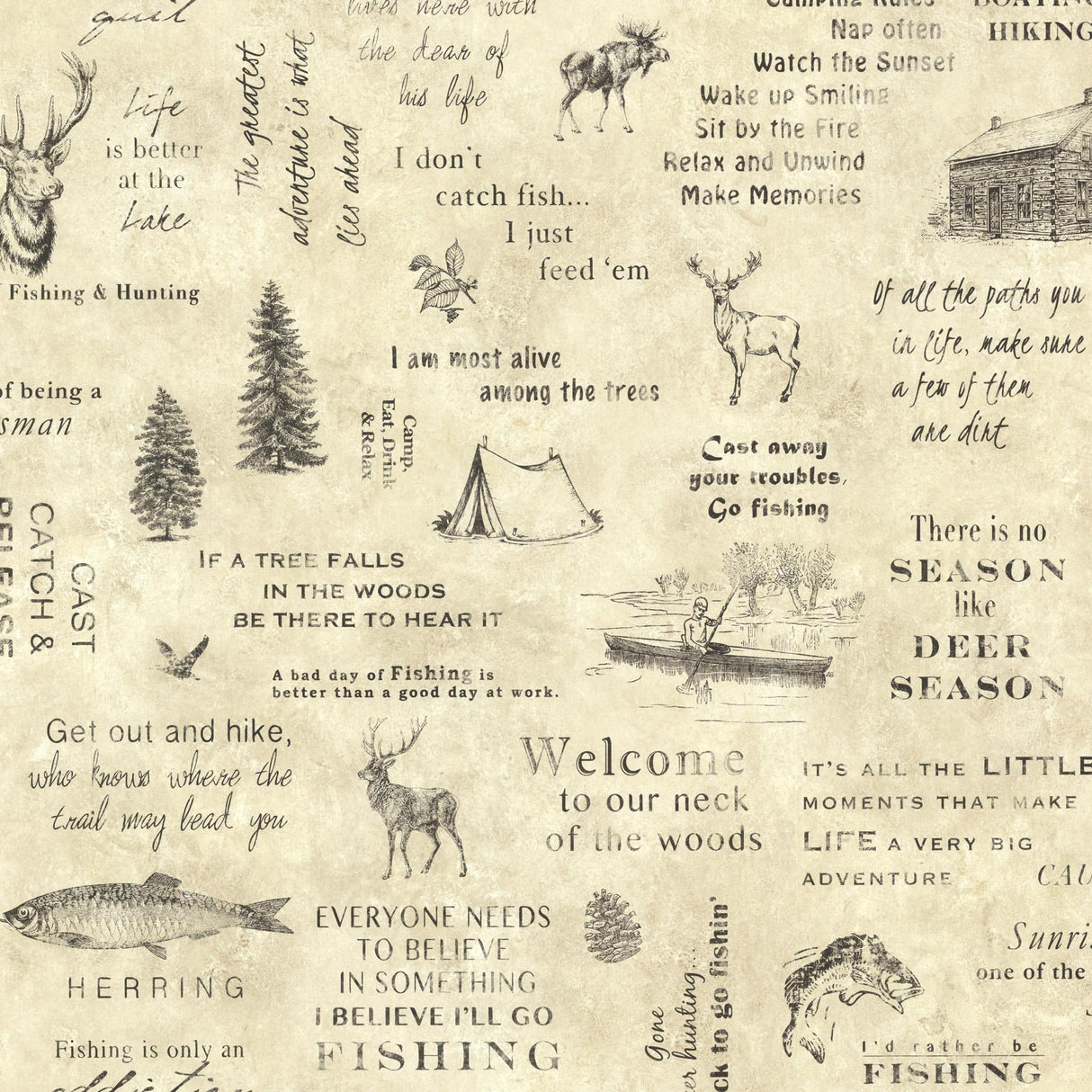 York North Hills Beige Script Wallpaper