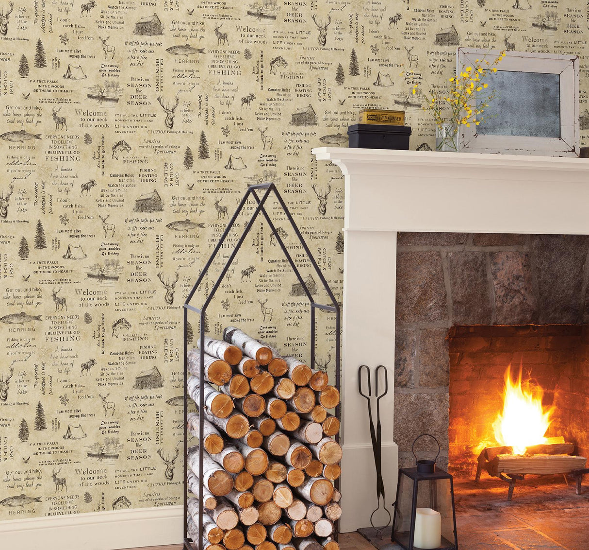 York North Hills Beige Script Wallpaper