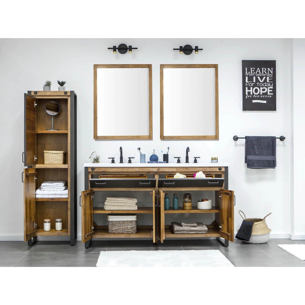 LH Home Irondale Vanity W61 in Solid Acacia Wood and Metal with White Basin