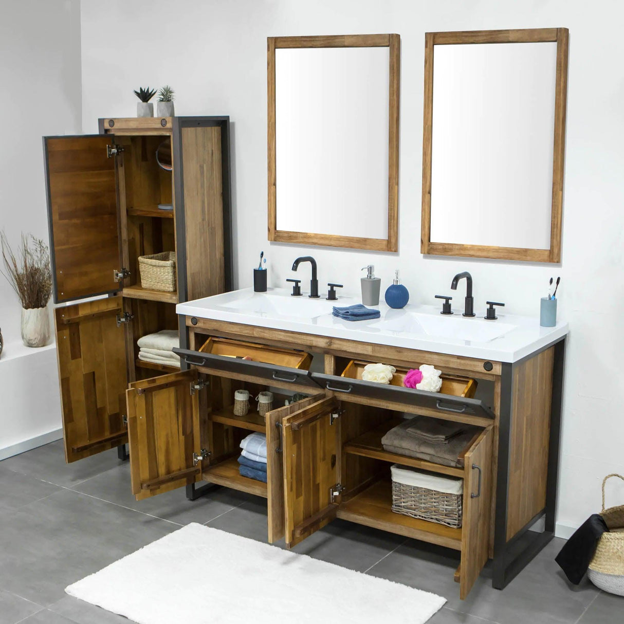 LH Home Irondale Vanity W61 in Solid Acacia Wood and Metal with White Basin