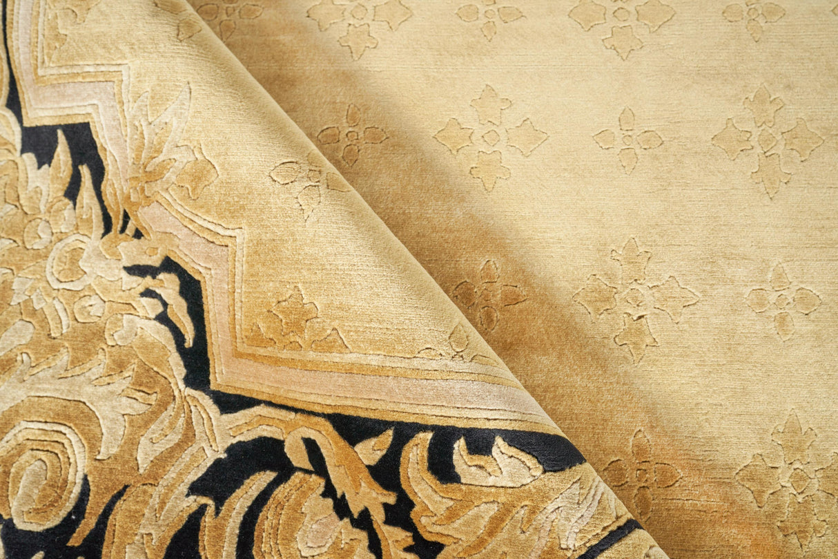 Exquisite Rugs Super Tibetan hand-knotted Wool/Bamboo Silk 5854 Gold/Black 12' x 9' Area Rug