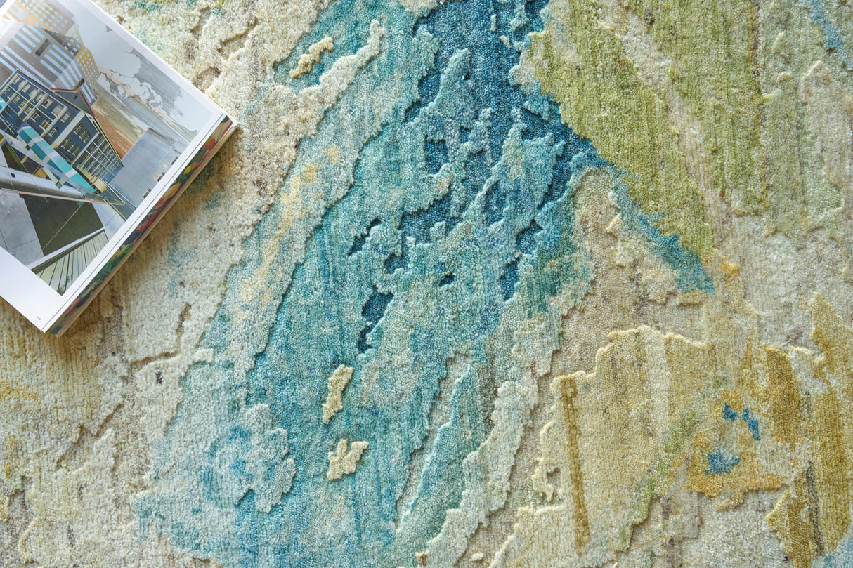 Exquisite Rugs Moderno hand-knotted New Zealand Wool 7425 Yellow/Green/Blue 9' x 6' Area Rug