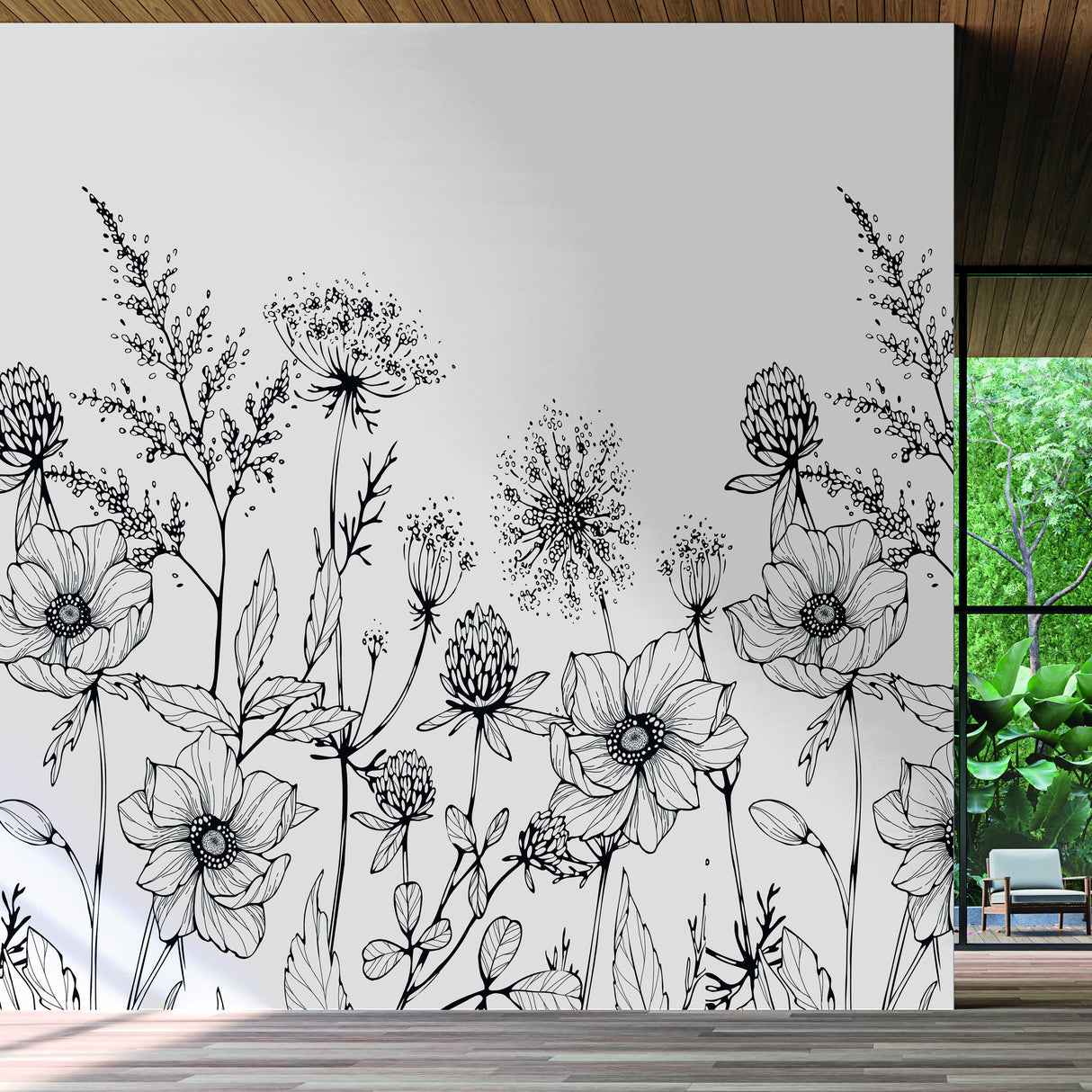 Veer Decor Meadow Bloom Sketch Black Wall Mural
