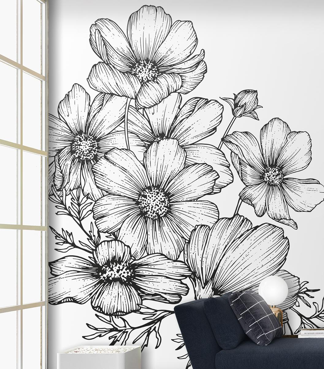 Veer Decor Poppies Linework White Wall Mural