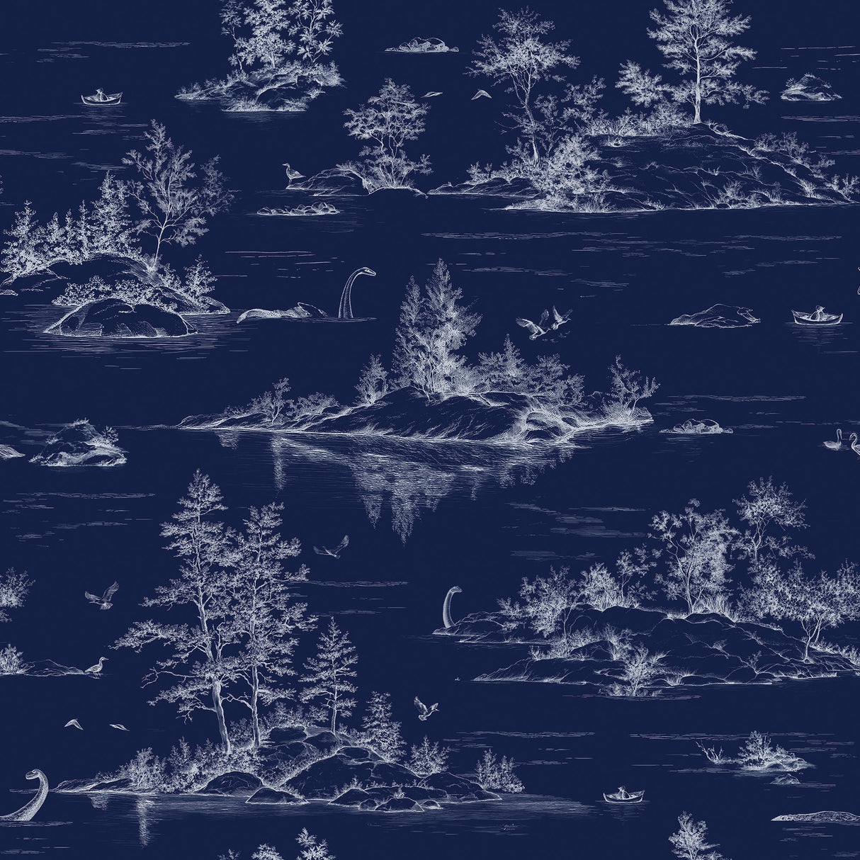 Veer Decor Nessie Novelty Toile Navy Ground Peel and Stick Wallpaper
