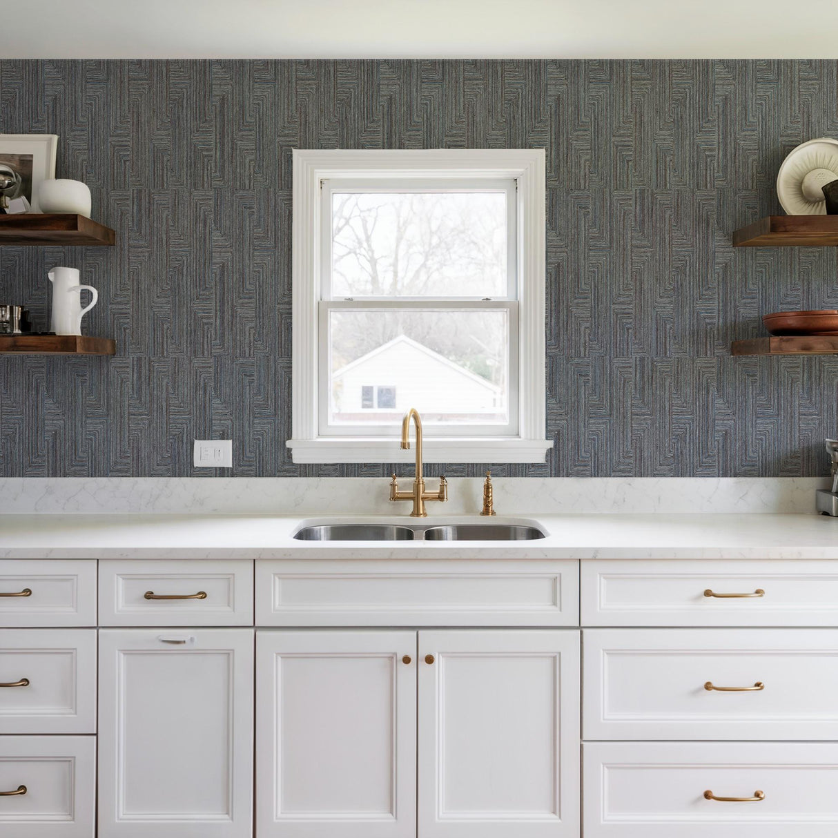 Veer Decor Threadline Geo Stitch Navy Wallpaper