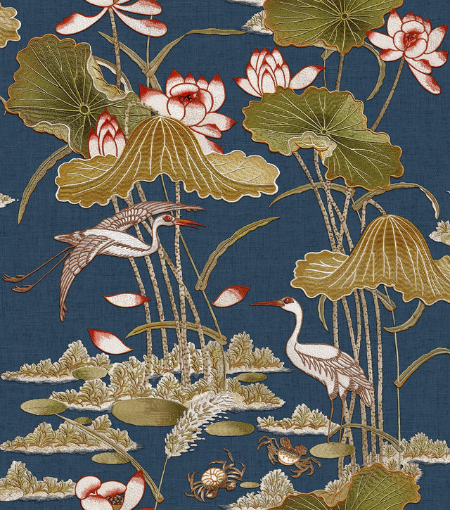 Veer Decor Lotus Pond Tapestry Navy Wallpaper