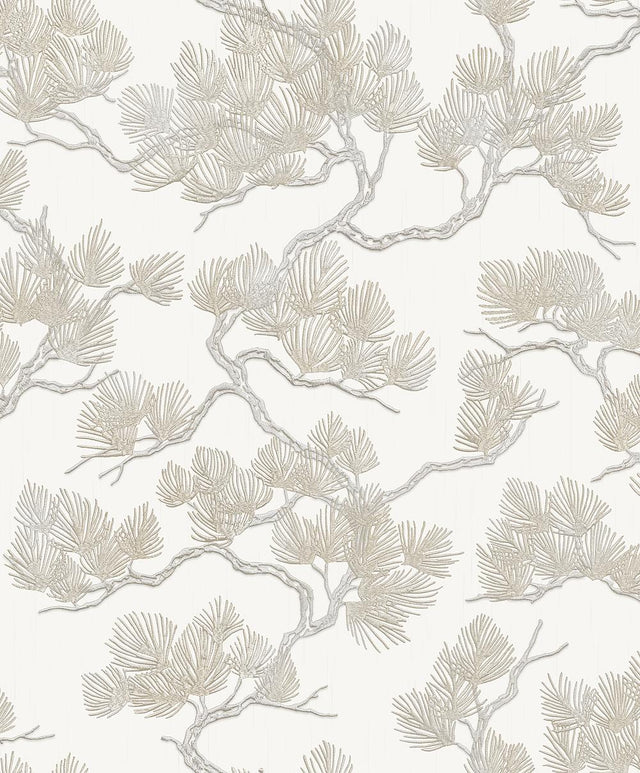 Veer Decor Embroidered Pine Tree Beige Wallpaper