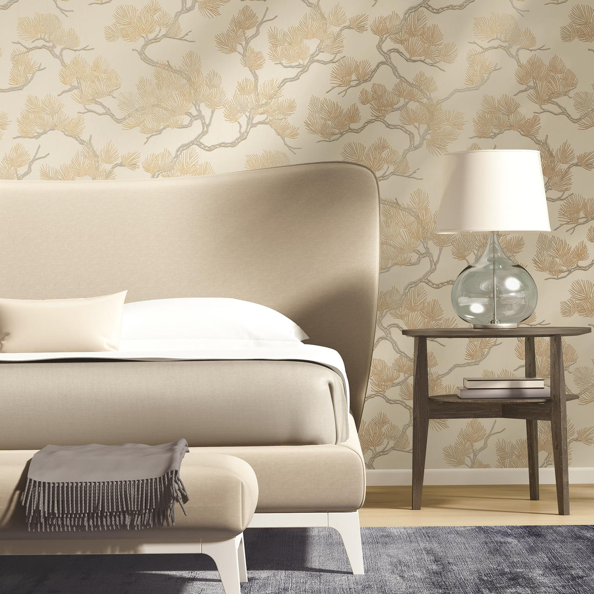 Veer Decor Embroidered Pine Tree Gold Wallpaper