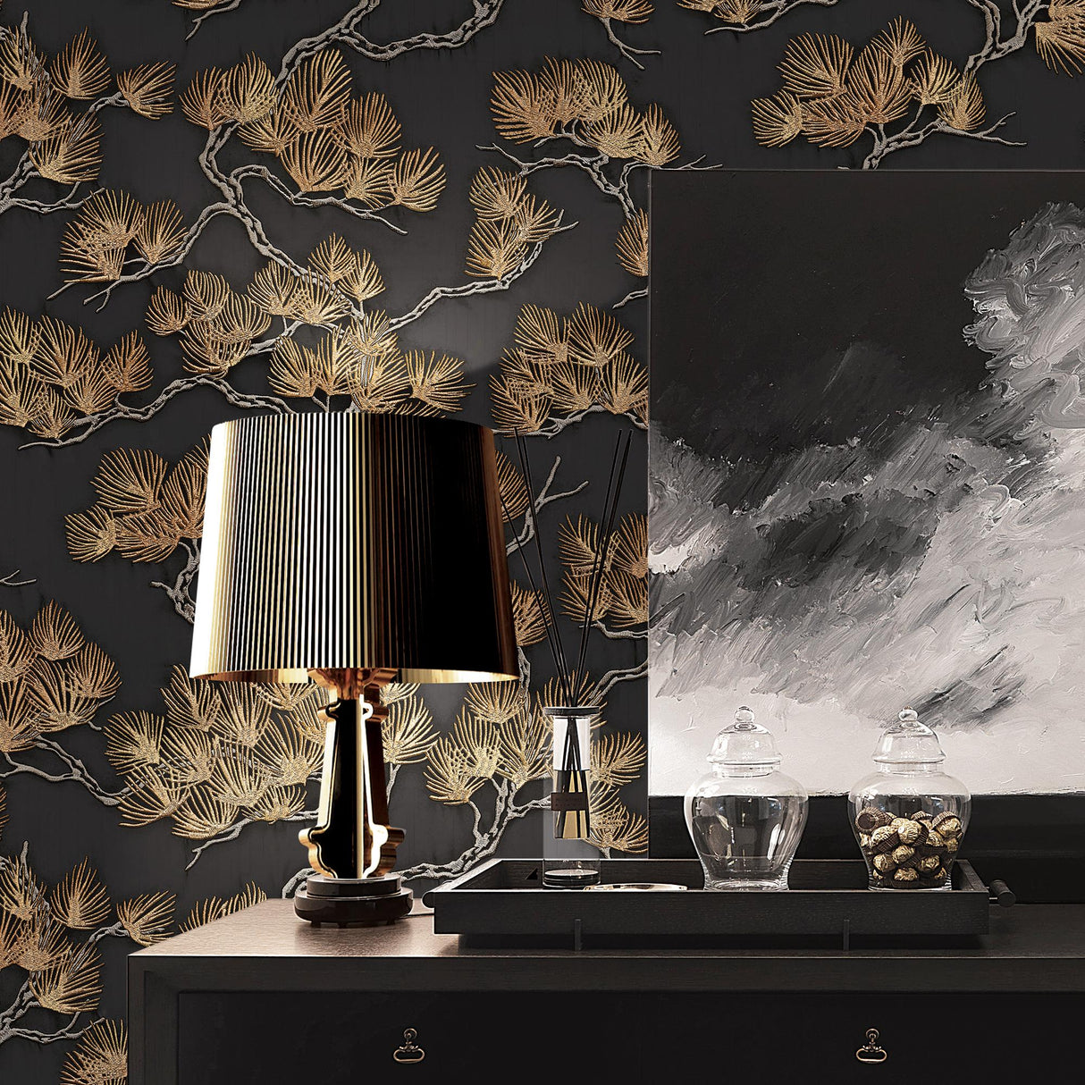 Veer Decor Embroidered Pine Tree Black Wallpaper