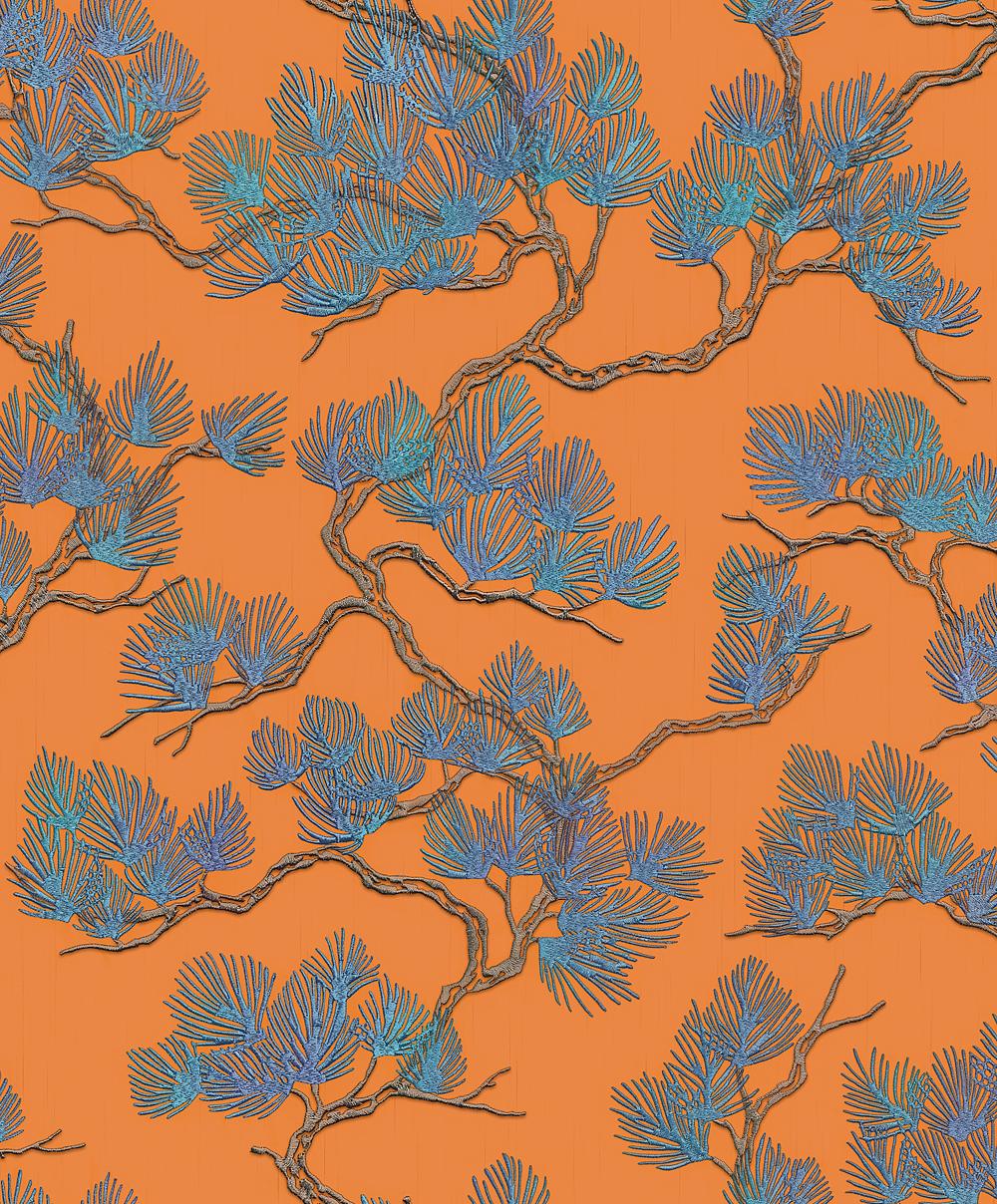 Veer Decor Embroidered Pine Tree Orange Wallpaper