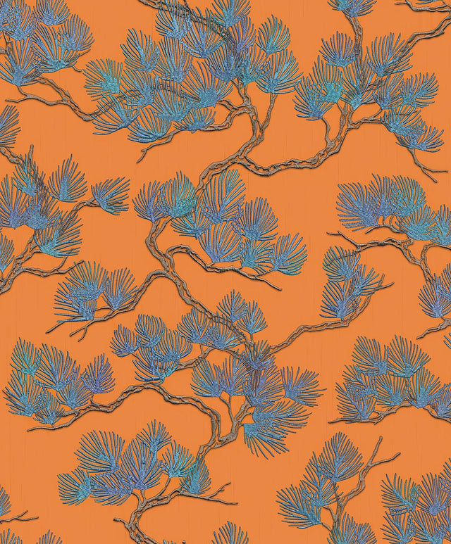 Veer Decor Embroidered Pine Tree Orange Wallpaper