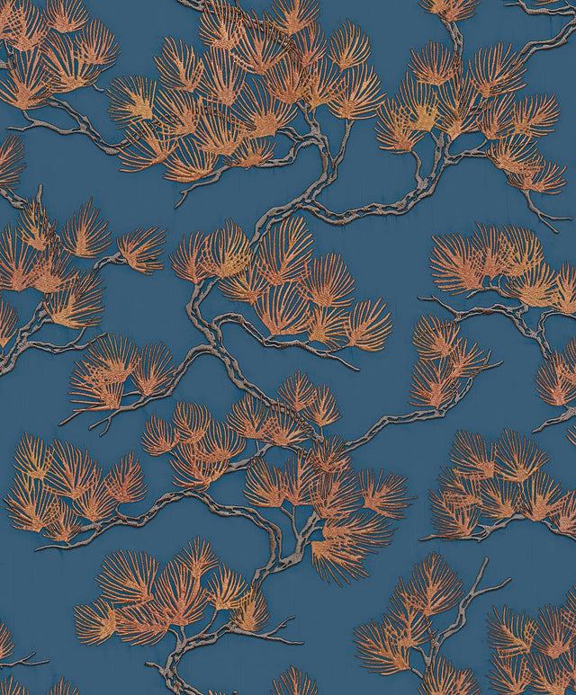 Veer Decor Embroidered Pine Tree Blue Wallpaper