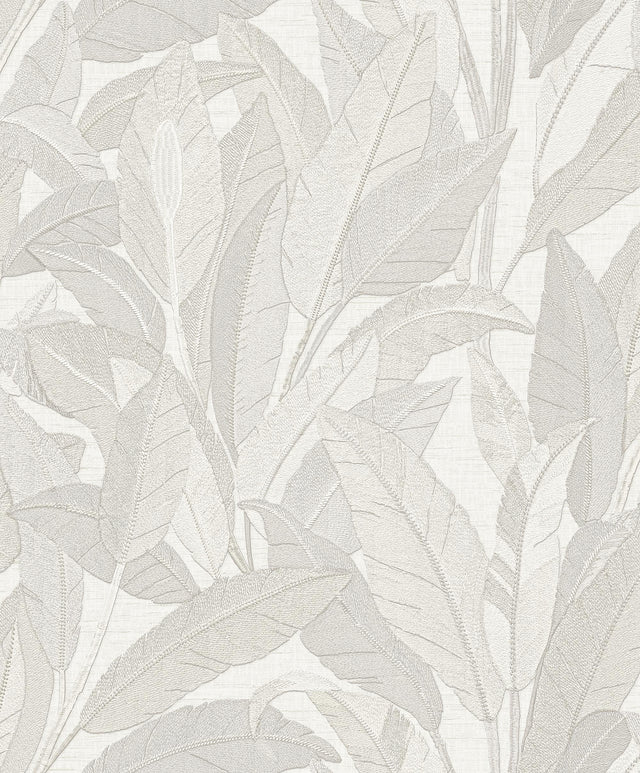 Veer Decor Embroidered Tropical Foliage White Wallpaper