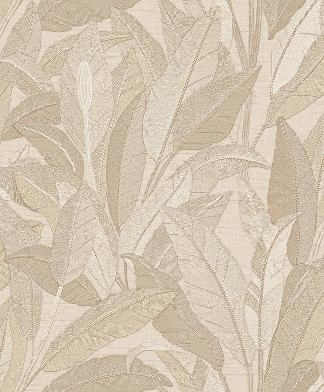 Veer Decor Embroidered Tropical Foliage Beige Wallpaper