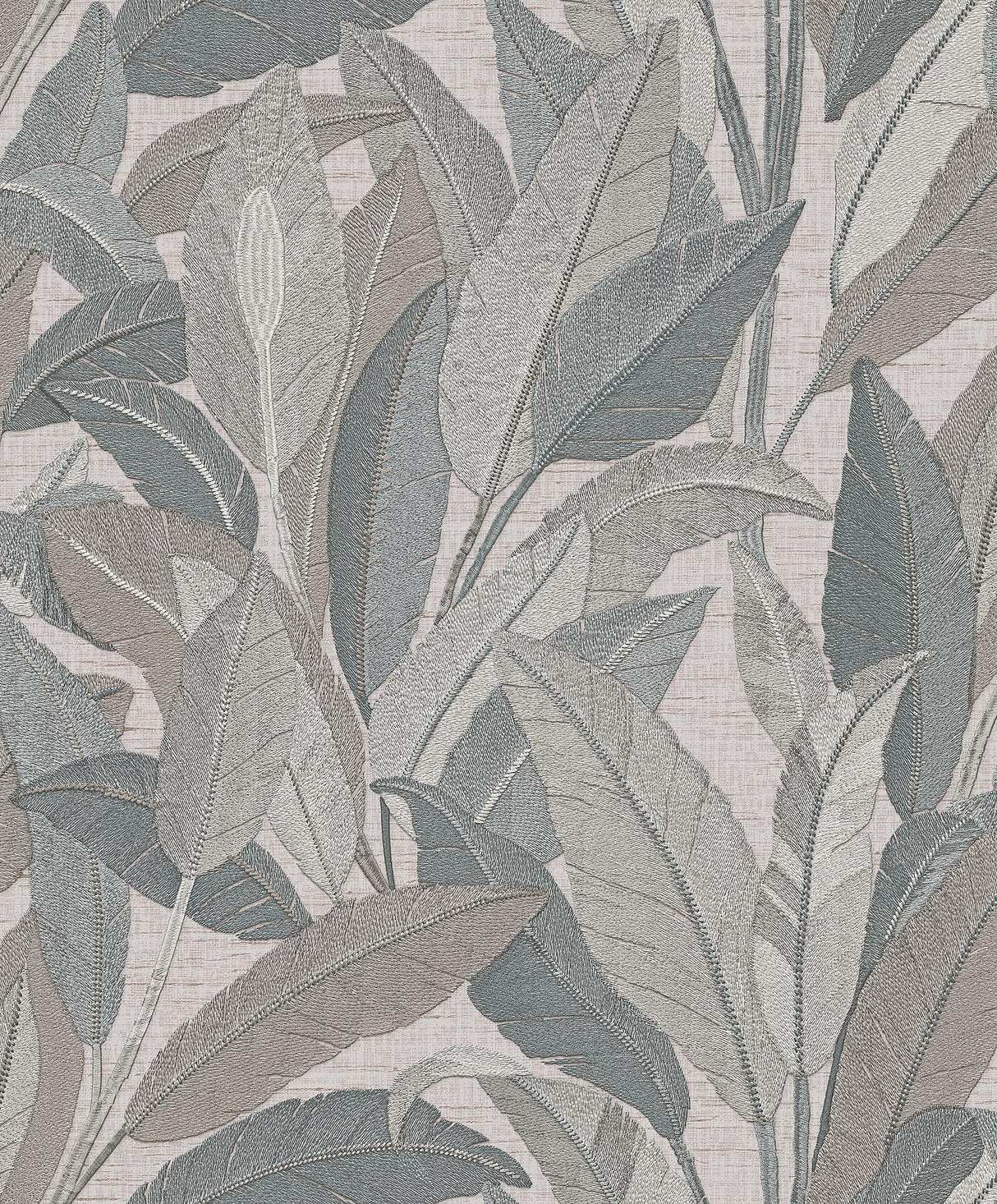 Veer Decor Embroidered Tropical Foliage Grey Wallpaper
