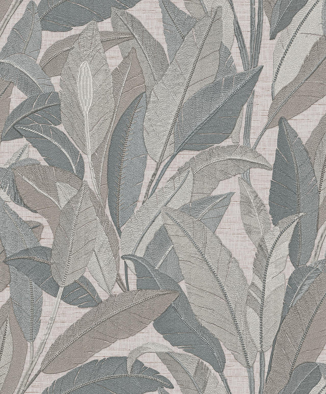 Veer Decor Embroidered Tropical Foliage Grey Wallpaper