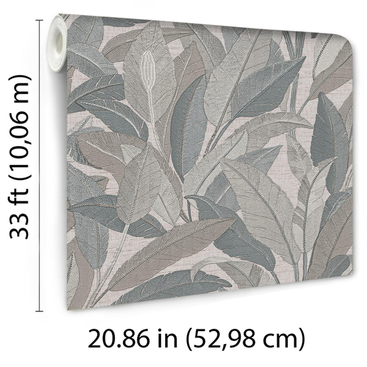Veer Decor Embroidered Tropical Foliage Grey Wallpaper